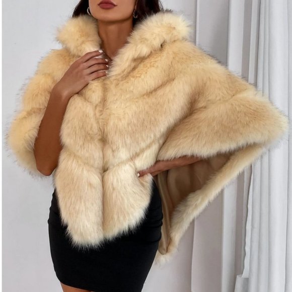 faux fur asymmetrical wrap cape chic elegant evening luxury - Picture 3 of 6